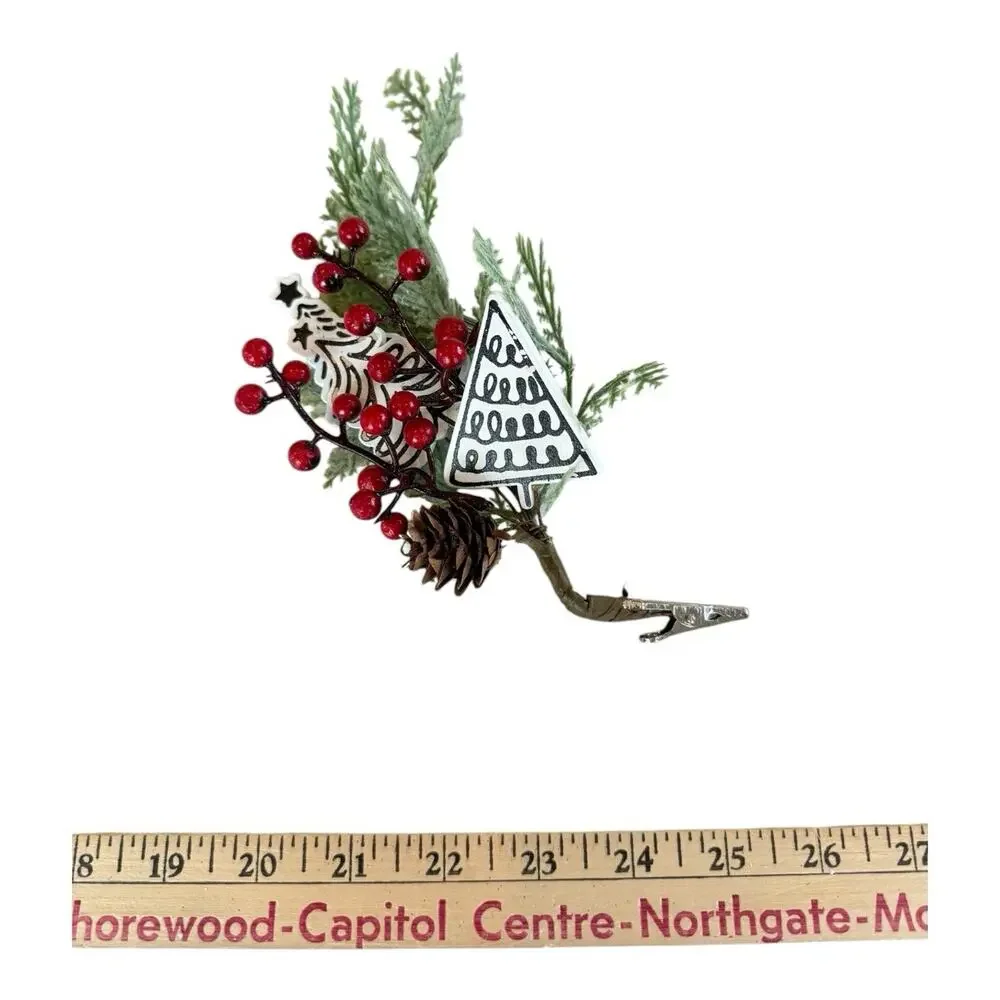 5- Rustic Christmas Ornaments 2 Metal Trucks 2‎ Red Plaid 1 Holly Pick Holiday